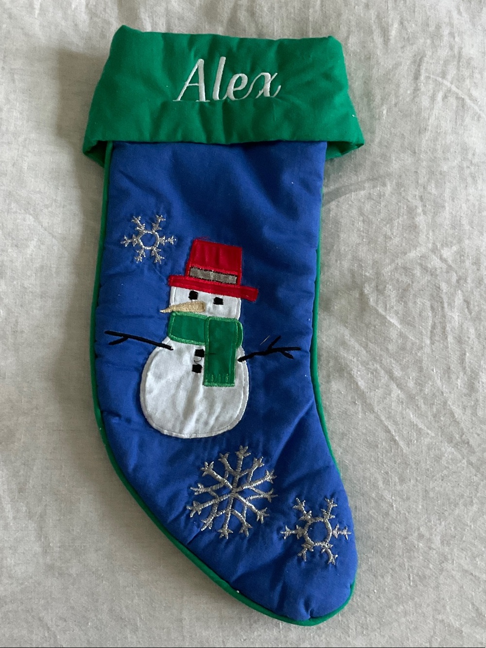 Vintage Eddie Bauer Blue Holiday Stocking with Snowman and Green Cuff